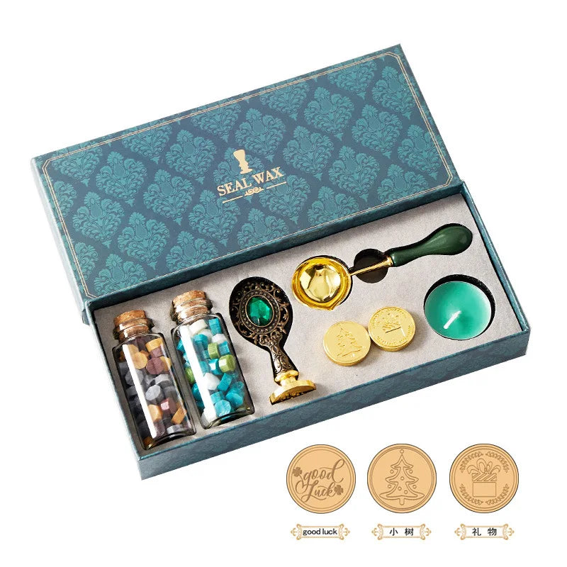 9PCS -Retro Wax Sealer for stamps with wax, spoon ,candle, stamp head + handle + colored pen, lacquered brass stamp set random