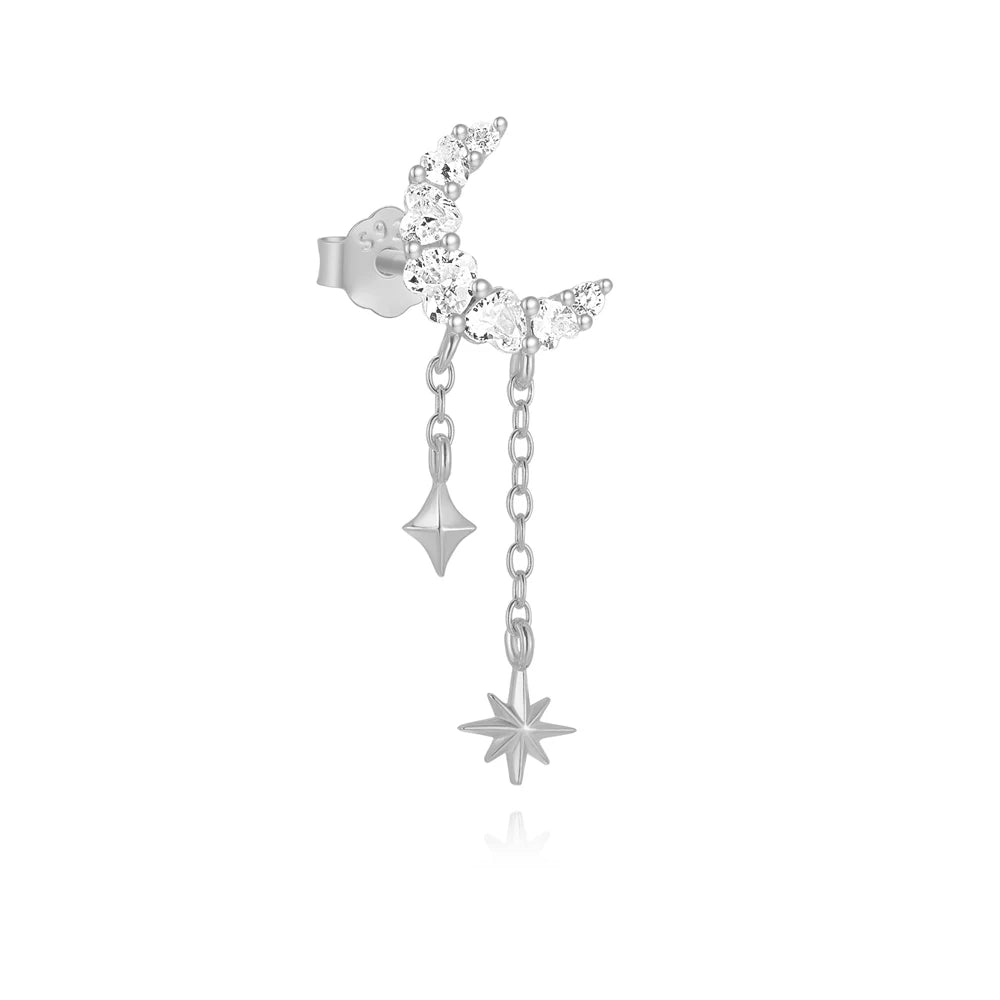 1PC 925 Sterling Silver Eight-pointed Star CZ Piercing Earring For Women Ins Tassel Chain Stud Earring Party Fine Jewelry