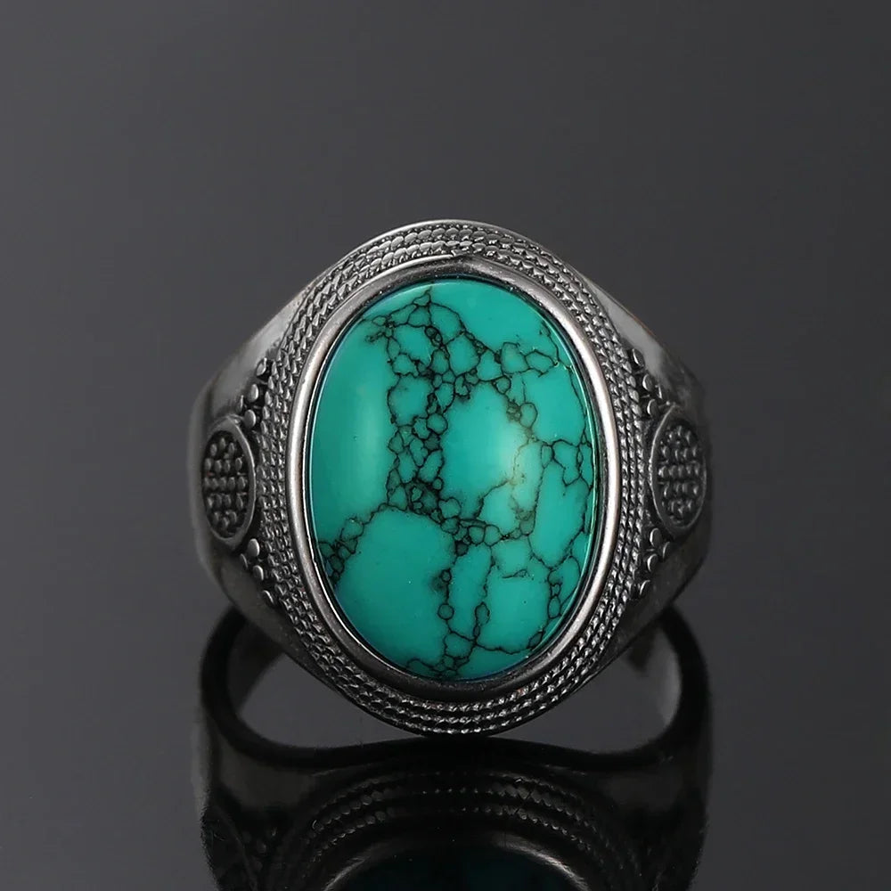 S925 Sterling Silver Vintage Ring With Natural Turquoise Stone Rings Oval and Round Shape Flower Carved Rings For Women Men