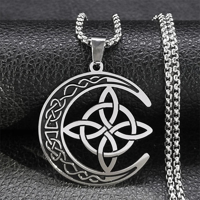 Crescent Celtic Irish Knot Necklaces Stainless Steel Witch Moon Amulet Protection with Chain Necklace