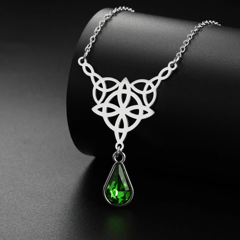 Witch Knot Necklace For Women Stainless Steel Hollow Celtic Knot Crystal Pendant Necklace