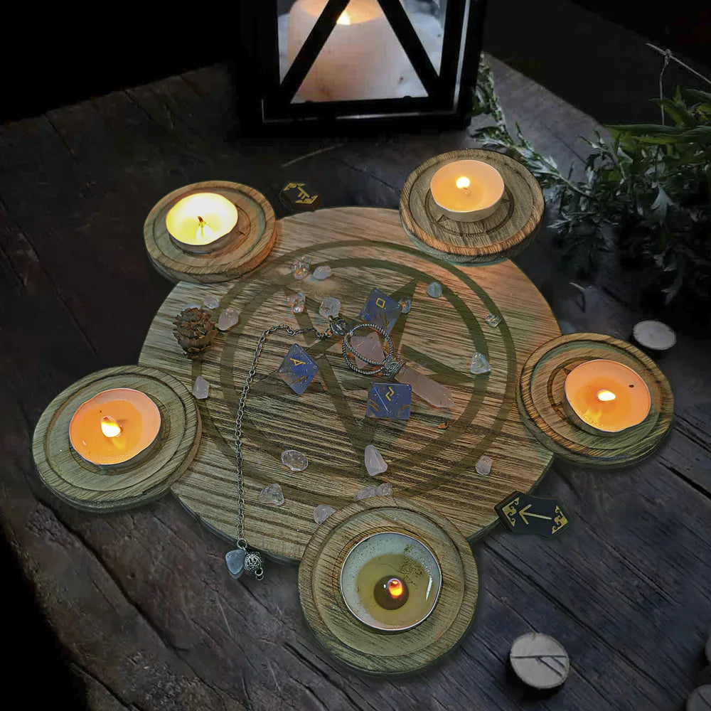 2-in-1 Pentagram Wooden Candle Holder Tray DIY Altar Decor Witchcraft Wicca Spell Ritual Tarot Supplies