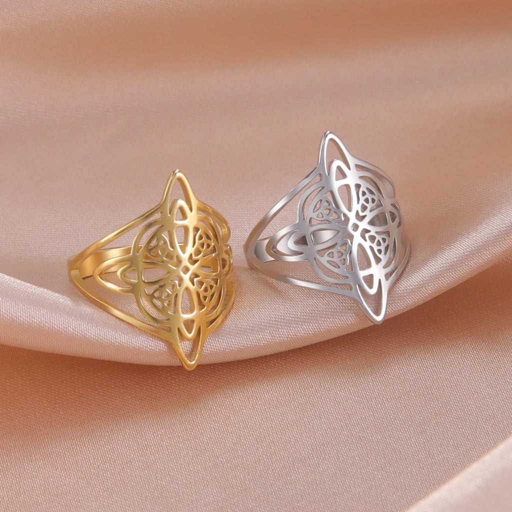 Witch Knot Stainless Steel Ring Wiccan Cross Celtics Knot Witchcraft Good Luck Protection