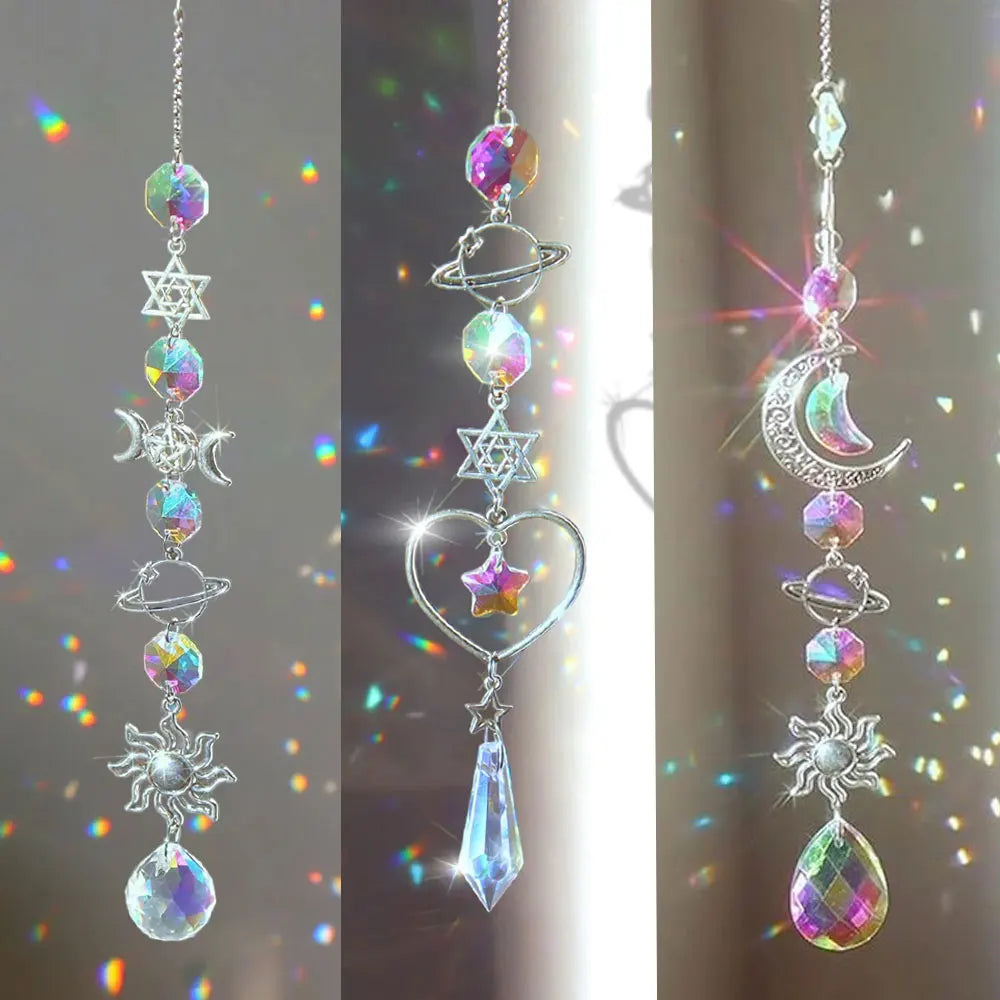 Crystal Sun Catcher Wind Chime Triple moon Star of David Planet Reiki Chakra