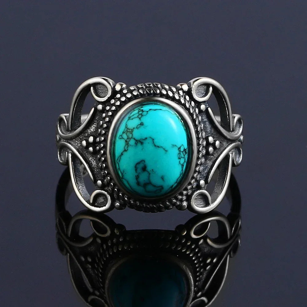 S925 Sterling Silver Vintage Ring With Natural Turquoise Stone Rings Oval and Round Shape Flower Carved Rings For Women Men