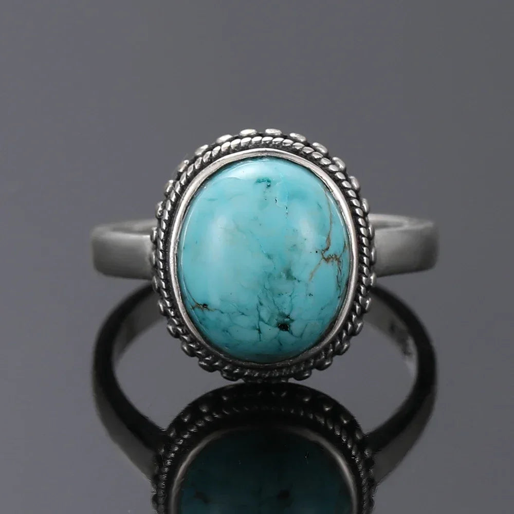 S925 Sterling Silver Vintage Ring With Natural Turquoise Stone Rings Oval and Round Shape Flower Carved Rings For Women Men