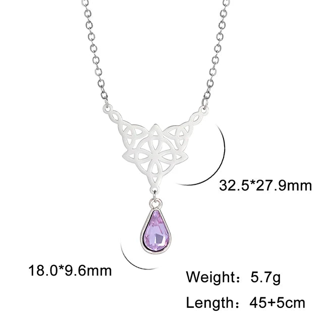 Witch Knot Necklace For Women Stainless Steel Hollow Celtic Knot Crystal Pendant Necklace