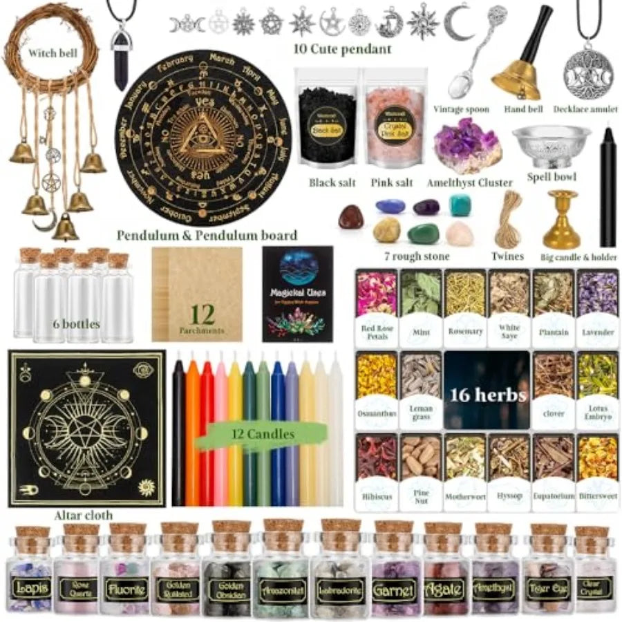 All in One Witchcraft Spell Kit 88 PCS - Include Herbs Crystals Candle Amethyst Pendulum Witch Bells Witch Rituals