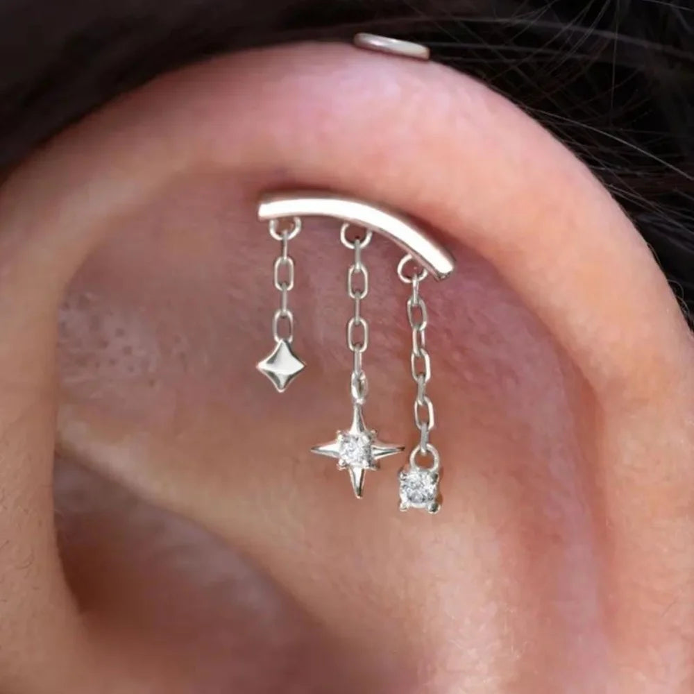 1PC 925 Sterling Silver Eight-pointed Star CZ Piercing Earring For Women Ins Tassel Chain Stud Earring Party Fine Jewelry