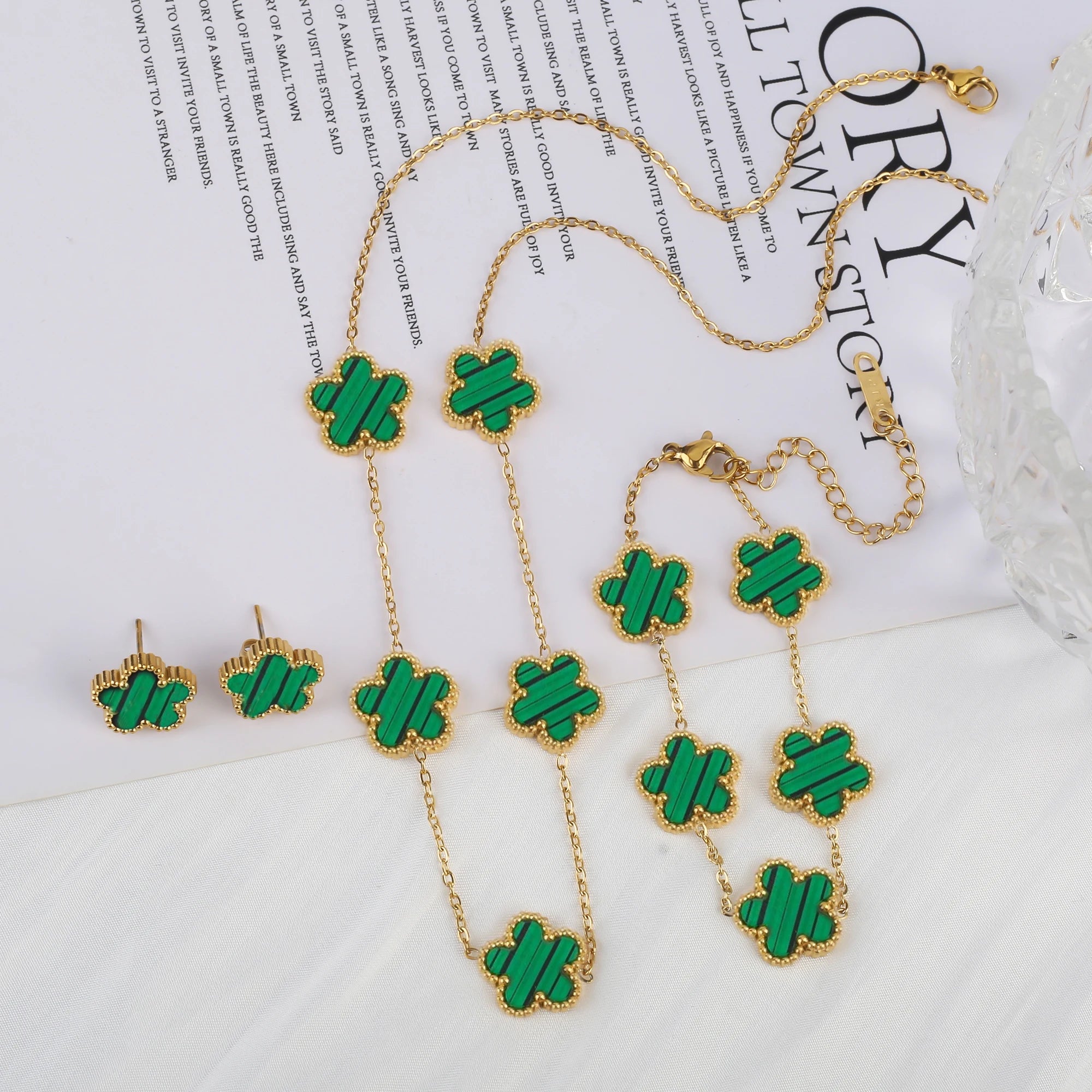 316 Stainless Steel Flower Five Leaf Necklace Bracelet Earrings 18K Gold Plated Jewelry Set