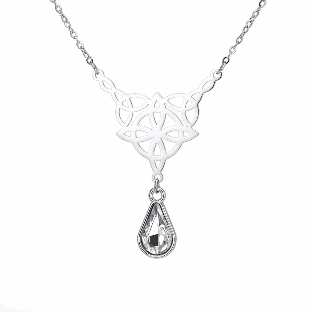 Witch Knot Necklace For Women Stainless Steel Hollow Celtic Knot Crystal Pendant Necklace
