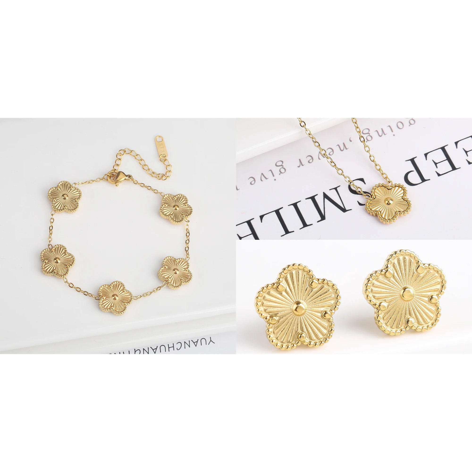 316 Stainless Steel Flower Five Leaf Necklace Bracelet Earrings 18K Gold Plated Jewelry Set