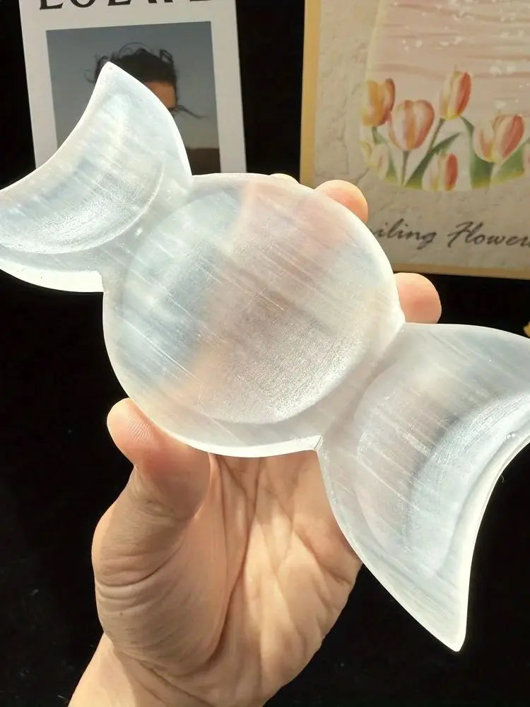 1pc Selenite Moon Goddess Selenite Bowl,Triple Moon Bowl,Crystal Gifts,Home Decor,Crystal Bowl For Witchcraft Divination