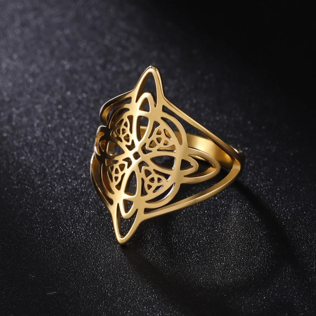 Witch Knot Stainless Steel Ring Wiccan Cross Celtics Knot Witchcraft Good Luck Protection