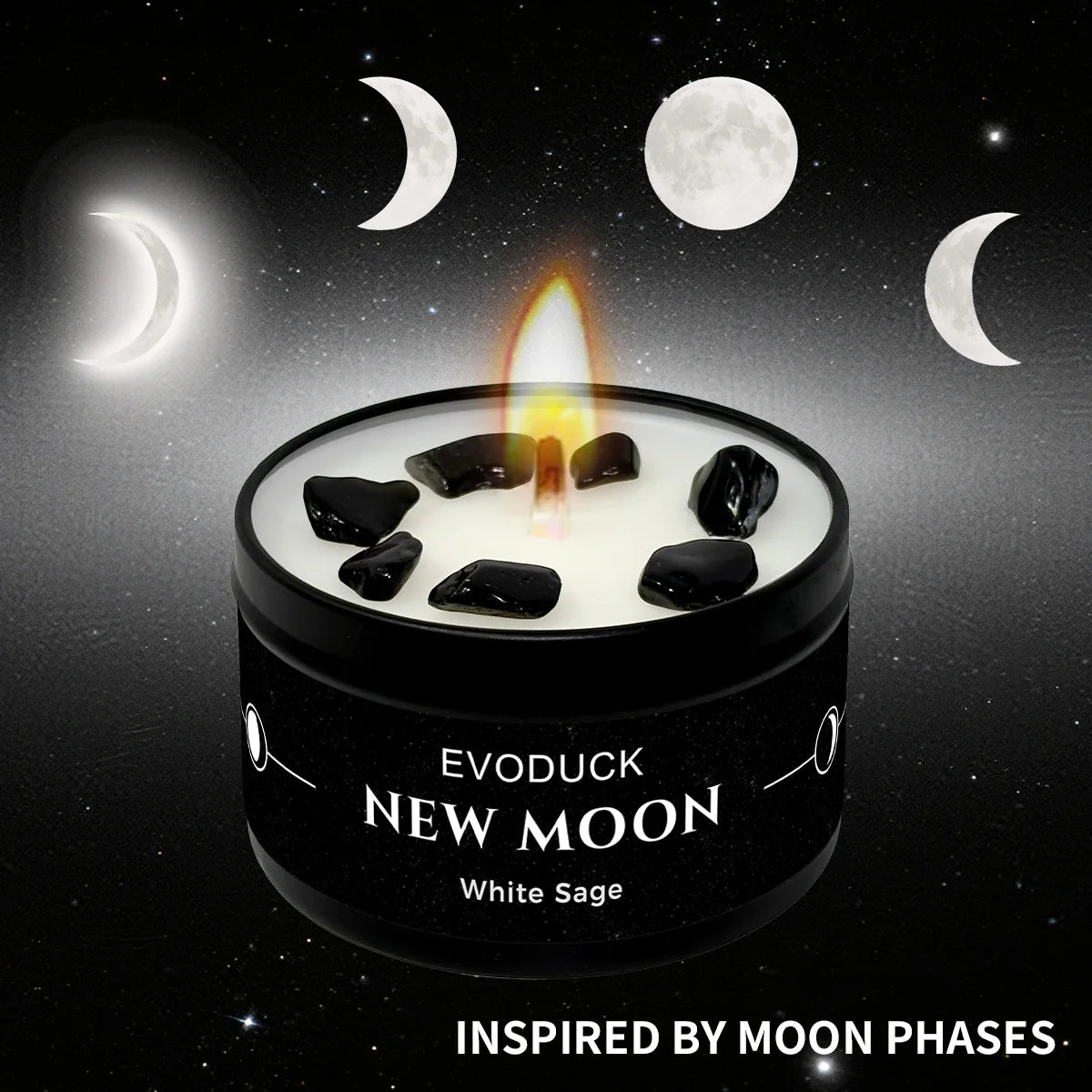 1pc New Moon Scented Candles Crystal Energy Candles 3oz Soy Wax Scented Candle Black Tin with Black Crystal Chips Witchcraft Rituals