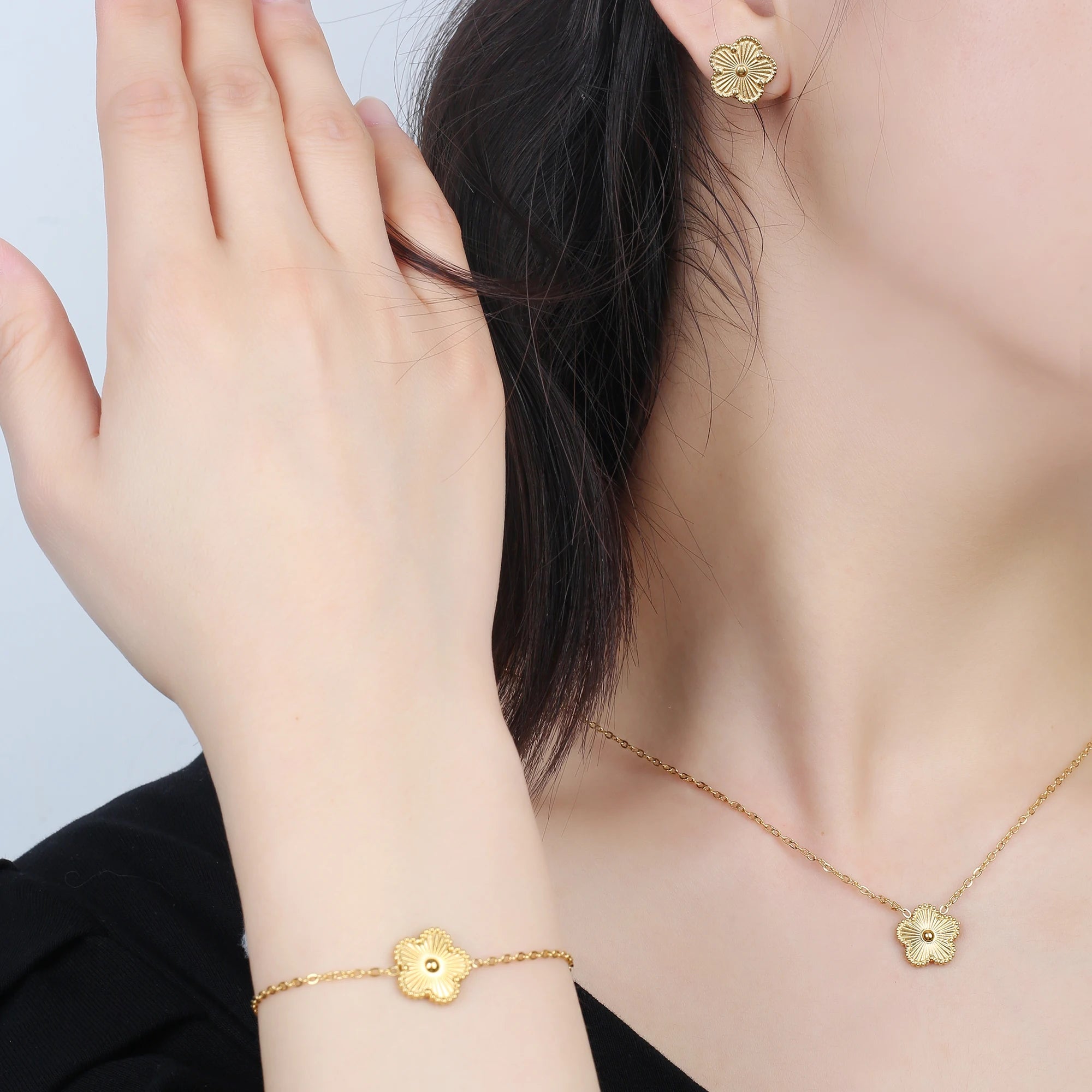 316 Stainless Steel Flower Five Leaf Necklace Bracelet Earrings 18K Gold Plated Jewelry Set