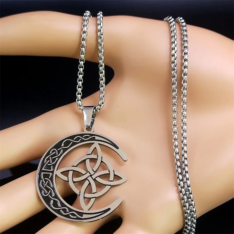 Crescent Celtic Irish Knot Necklaces Stainless Steel Witch Moon Amulet Protection with Chain Necklace