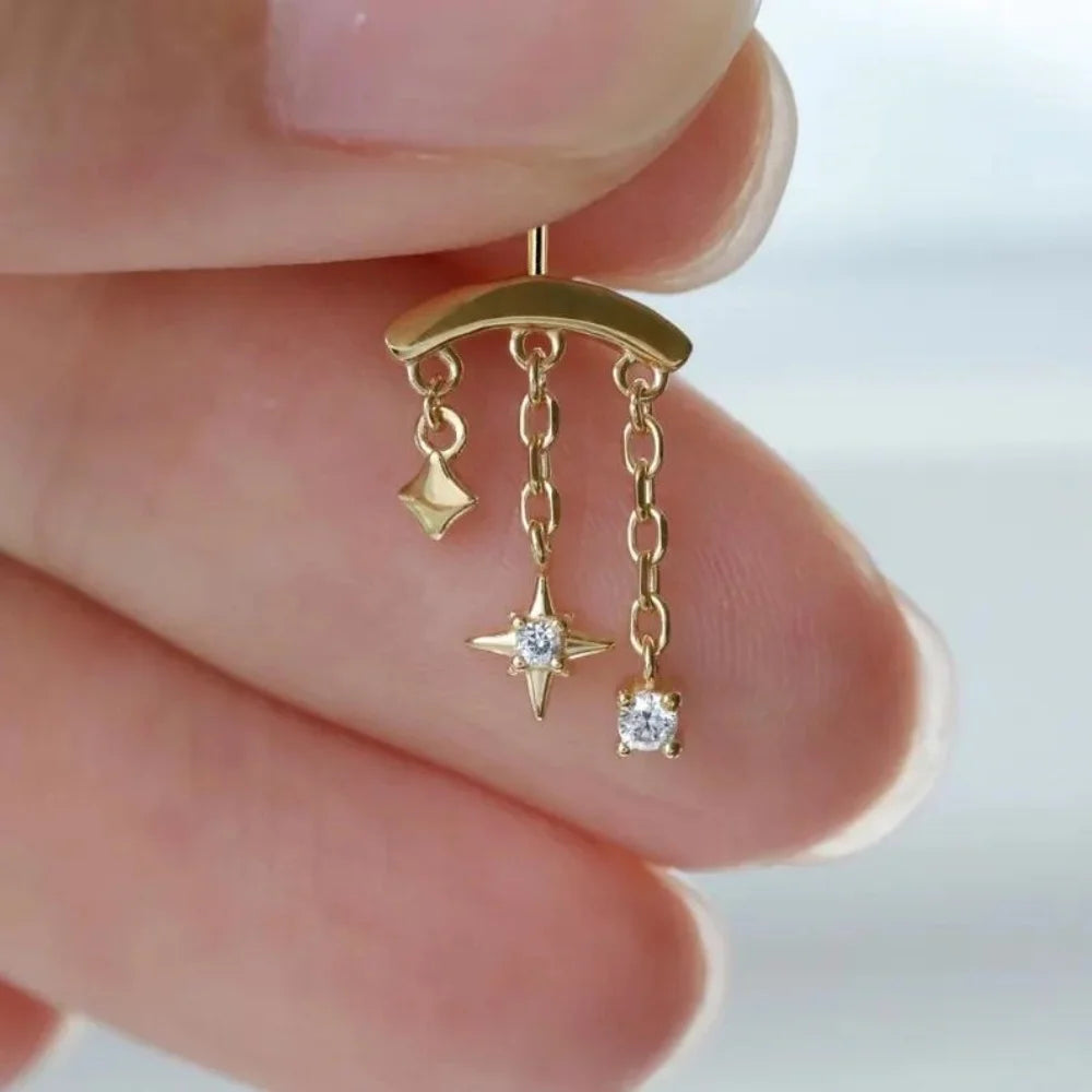 1PC 925 Sterling Silver Eight-pointed Star CZ Piercing Earring For Women Ins Tassel Chain Stud Earring Party Fine Jewelry