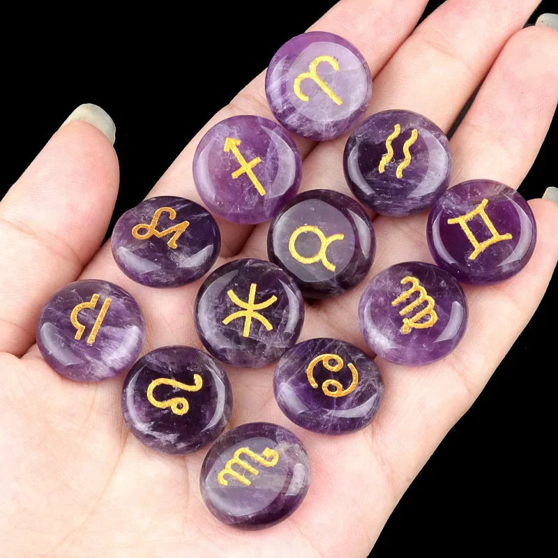 12 Constellations Themed Rune Spiritual Stones Zodiac Sign Reiki Healing Crystals Pocket Stones Natural Obsidian