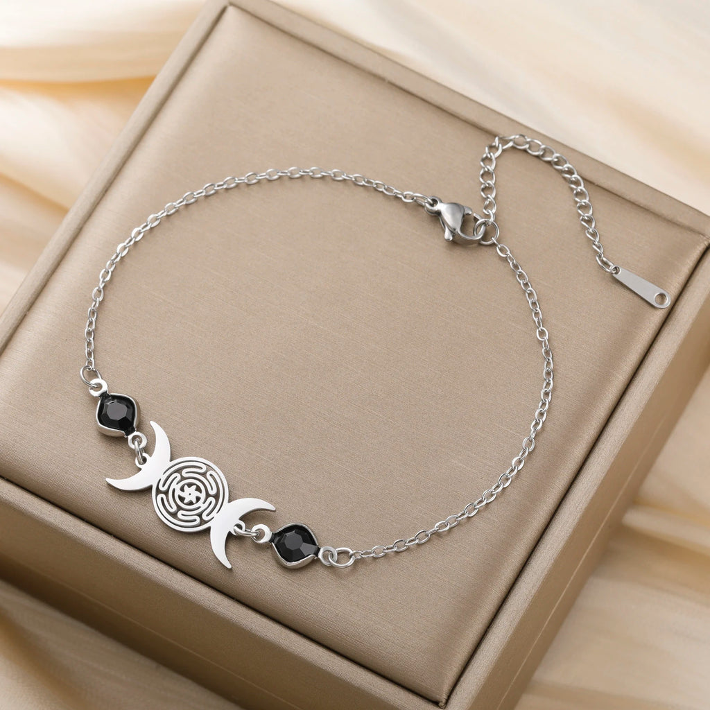 Triple Moon Goddess Bracelet for Women Hecate Wheel Adjustable Black Rope Bracelet Wiccan Pagan Jewelry Gift