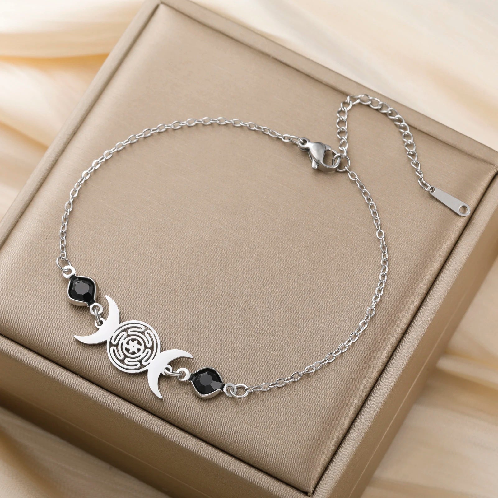 Triple Moon Goddess Bracelet for Women Hecate Wheel Adjustable Black Rope Bracelet Wiccan Pagan Jewelry Gift