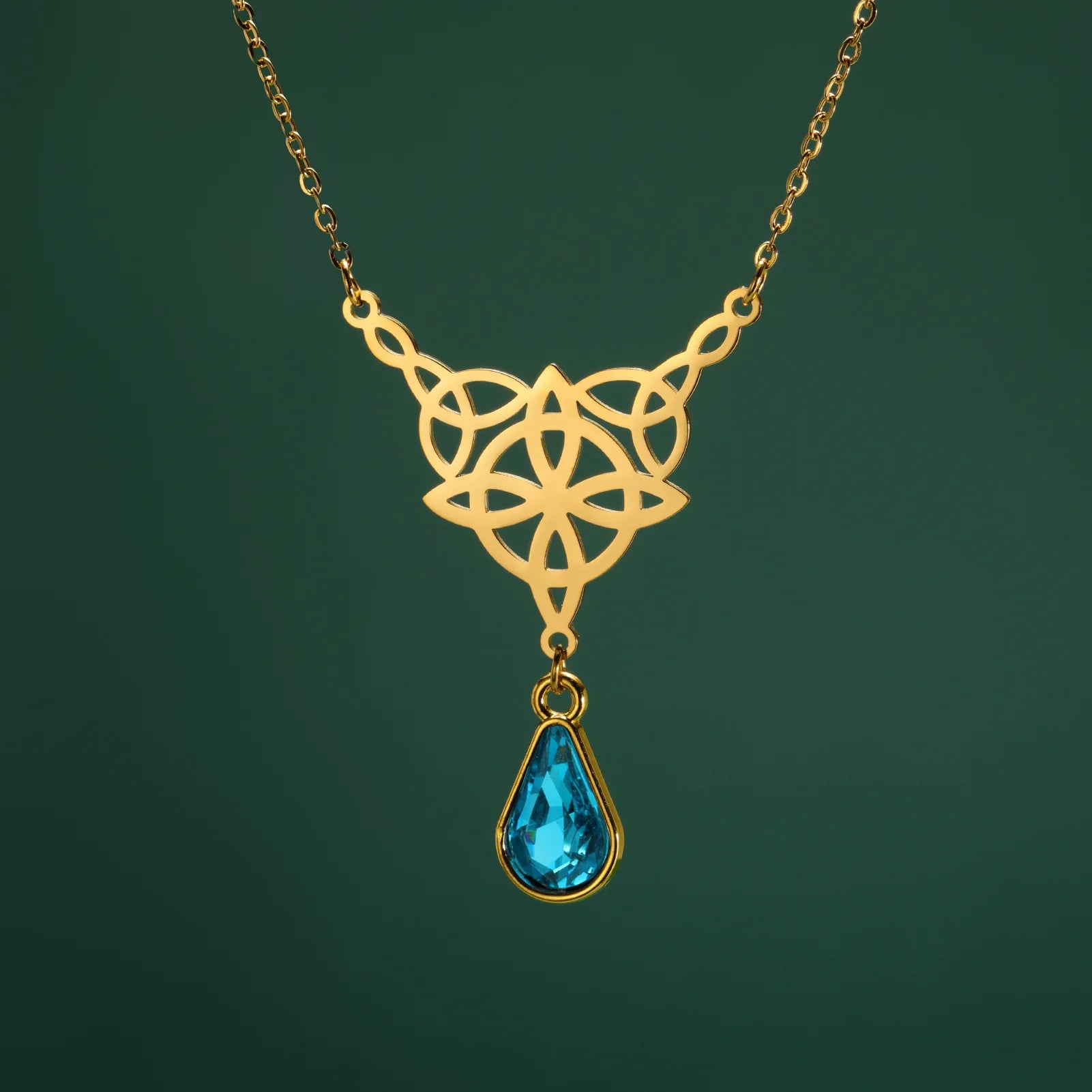 Witch Knot Necklace For Women Stainless Steel Hollow Celtic Knot Crystal Pendant Necklace