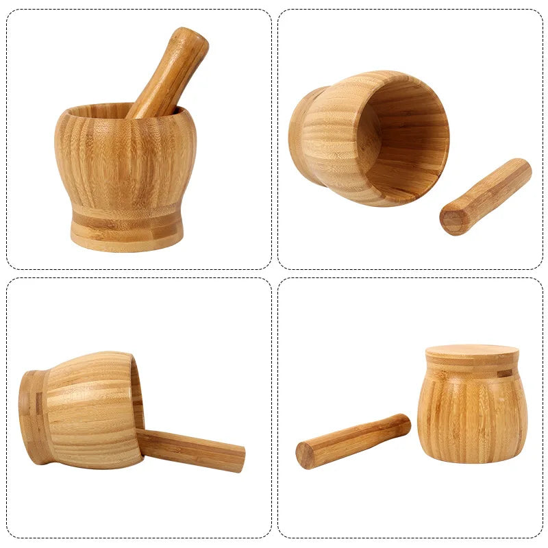 Traditional Bamboo Mortar and Pestle Set Garlic Grinder Herb Spice Masher Seasoning Crusher Kitchen Tool for Mash Spices Pepper Witchcraft Rituals