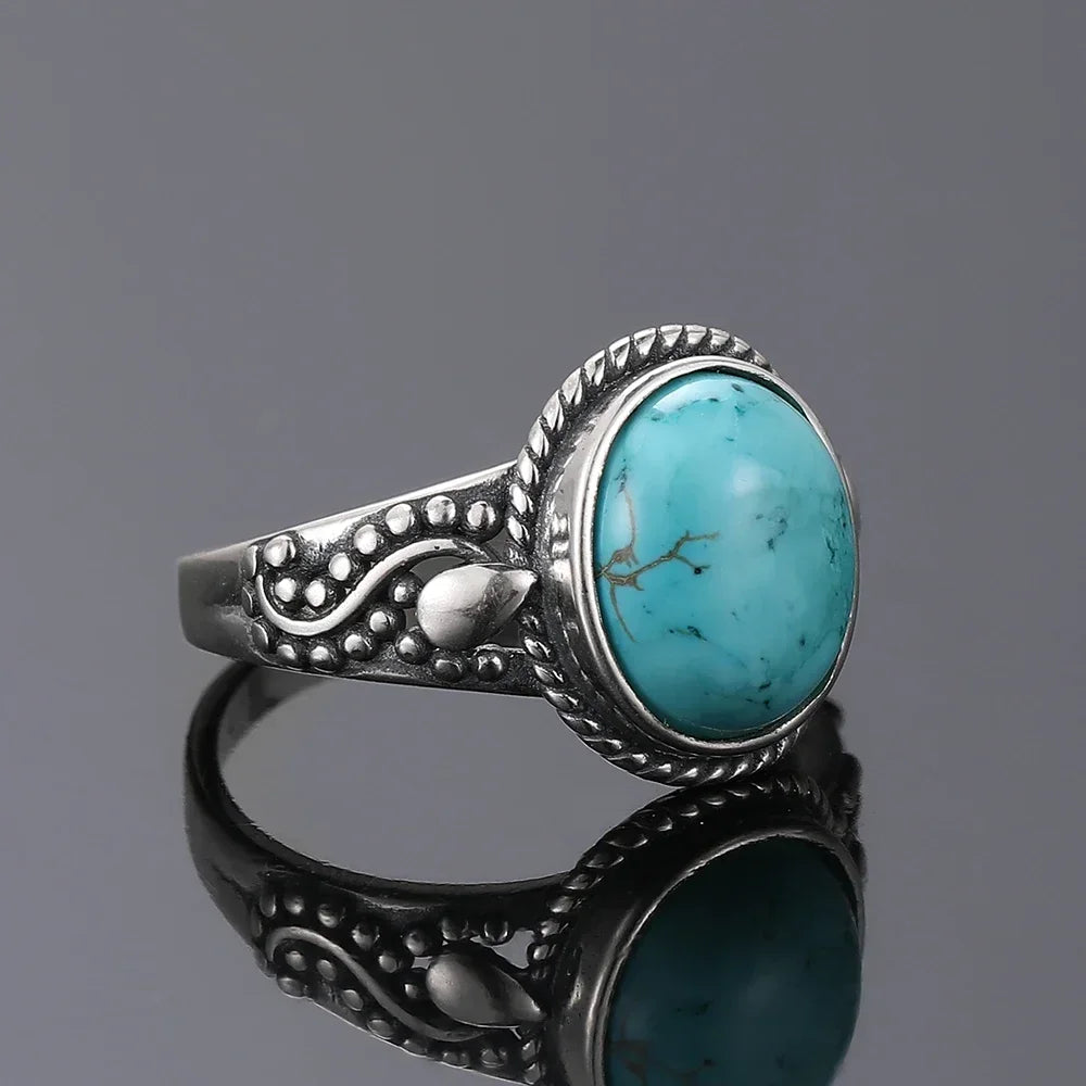 S925 Sterling Silver Vintage Ring With Natural Turquoise Stone Rings Oval and Round Shape Flower Carved Rings For Women Men