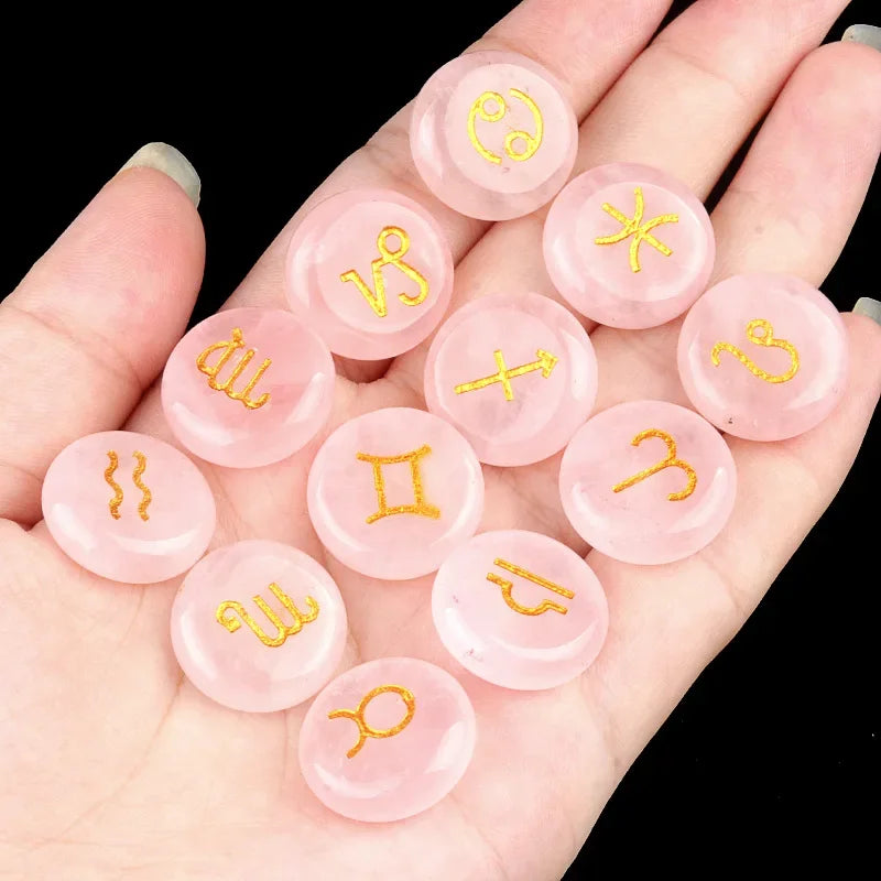 12 Constellations Themed Rune Spiritual Stones Zodiac Sign Reiki Healing Crystals Pocket Stones Natural Obsidian