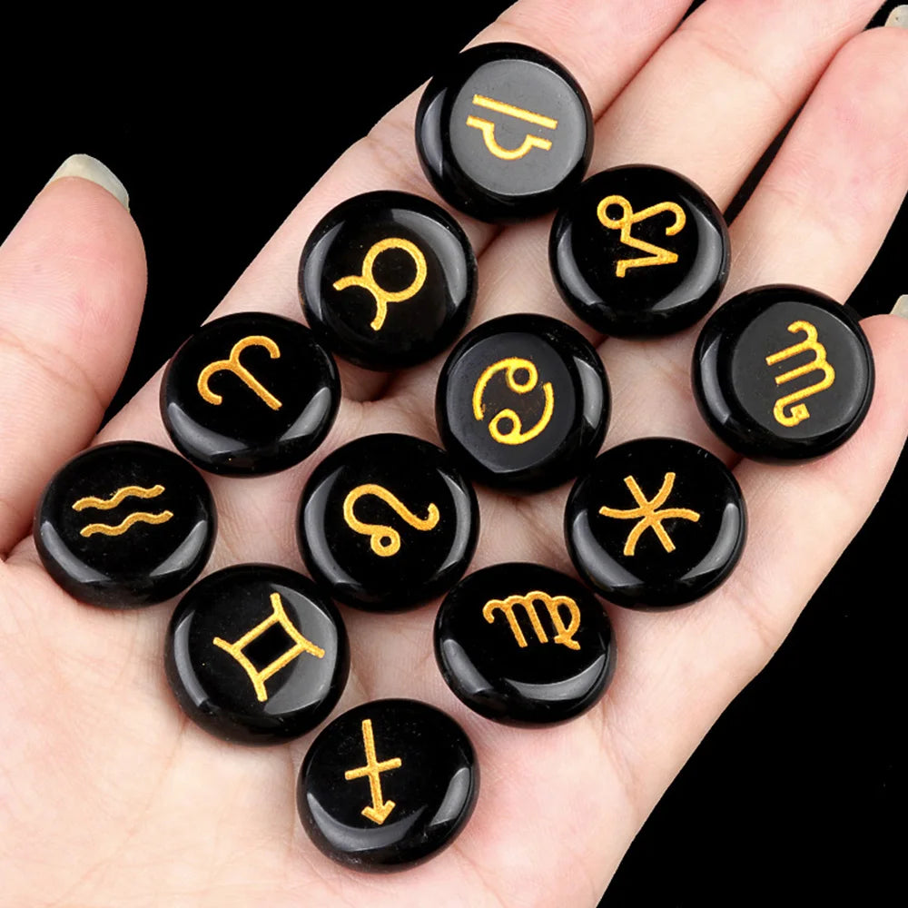 12 Constellations Themed Rune Spiritual Stones Zodiac Sign Reiki Healing Crystals Pocket Stones Natural Obsidian