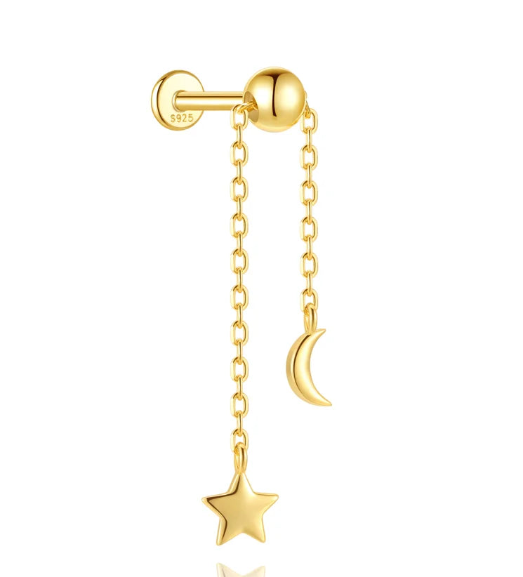 1PC 925 Sterling Silver Eight-pointed Star CZ Piercing Earring For Women Ins Tassel Chain Stud Earring Party Fine Jewelry