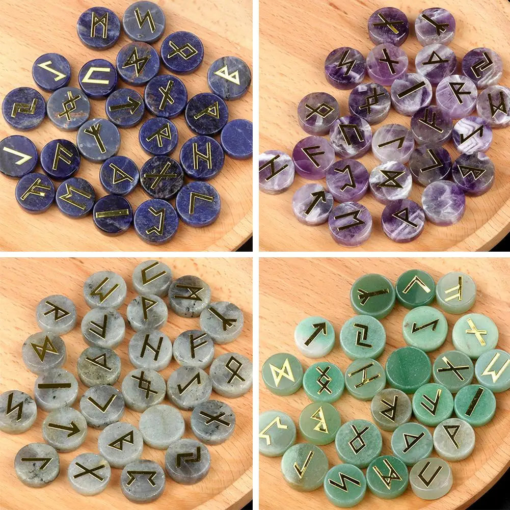 25Pcs/Set Natural Crystal Agate Rune Stones Divination Meditation Rituals Witchcraft