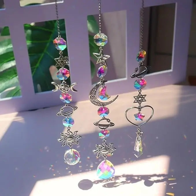 Crystal Sun Catcher Wind Chime Triple moon Star of David Planet Reiki Chakra