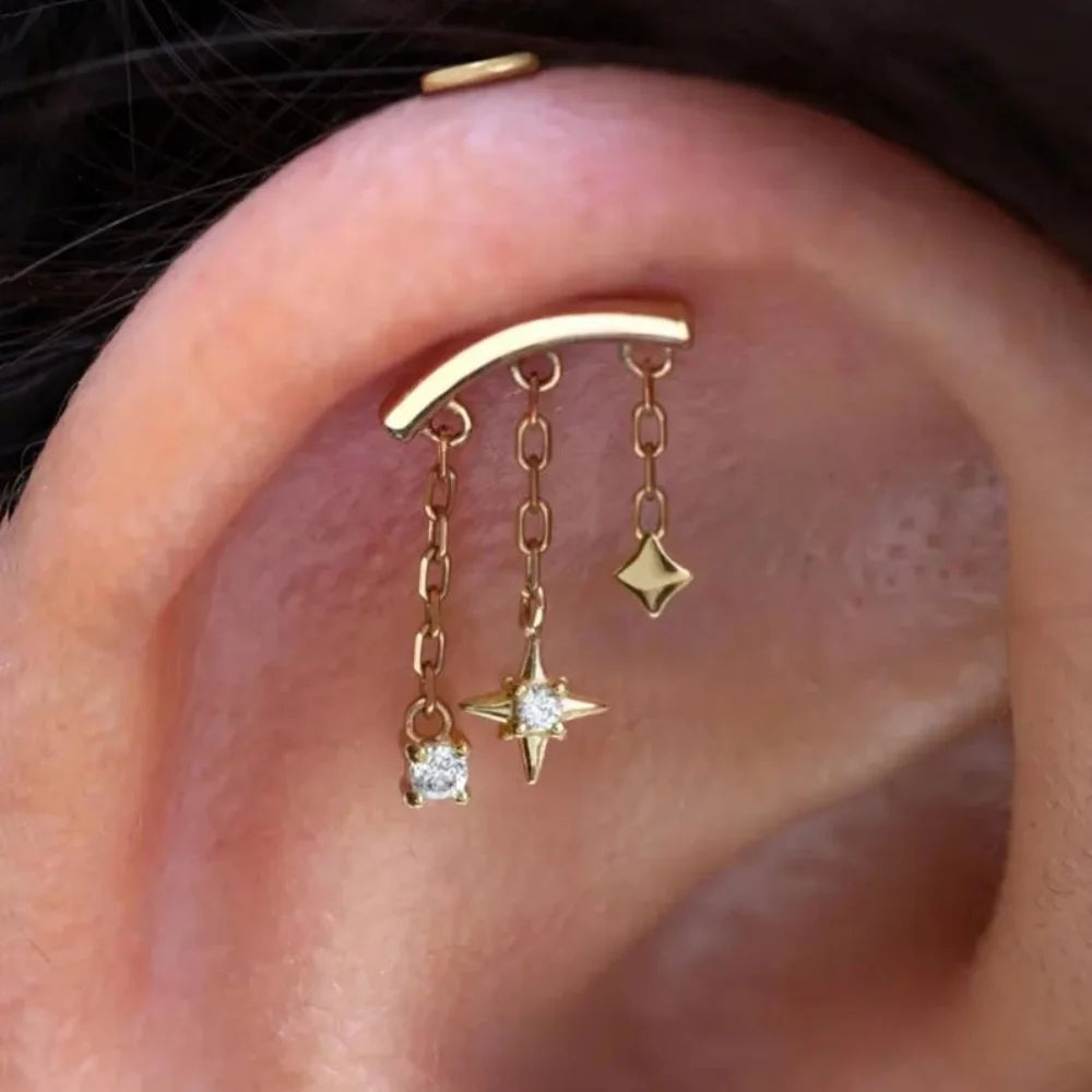 1PC 925 Sterling Silver Eight-pointed Star CZ Piercing Earring For Women Ins Tassel Chain Stud Earring Party Fine Jewelry