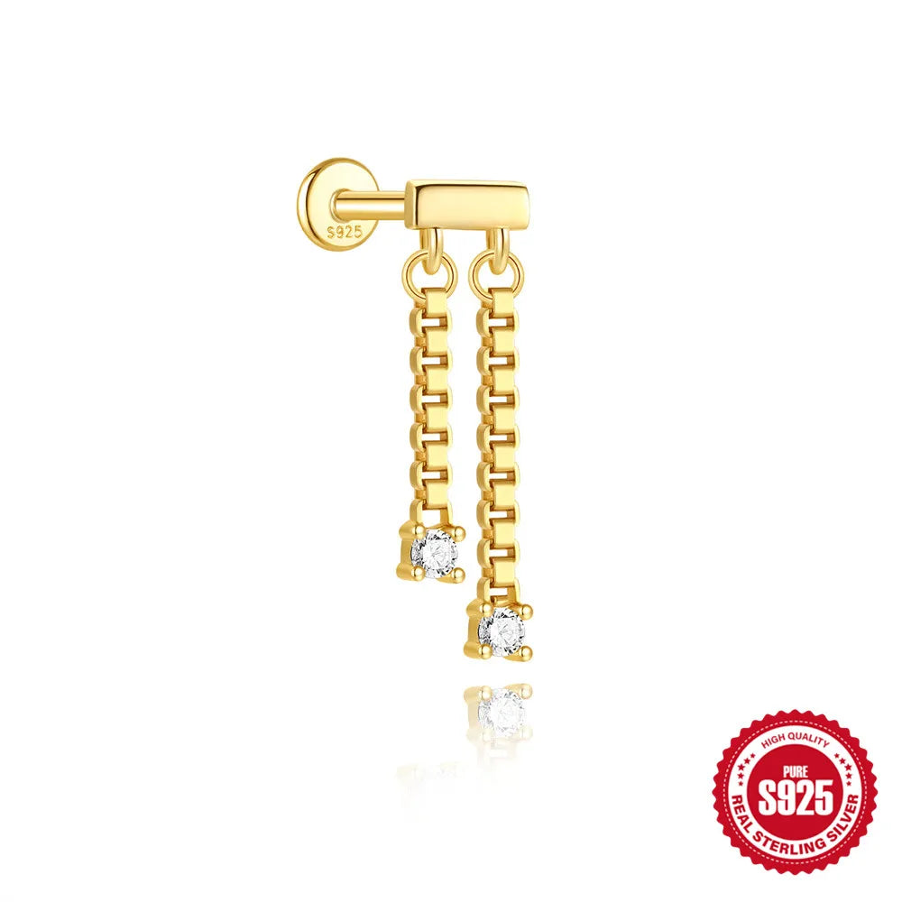 1PC 925 Sterling Silver Eight-pointed Star CZ Piercing Earring For Women Ins Tassel Chain Stud Earring Party Fine Jewelry
