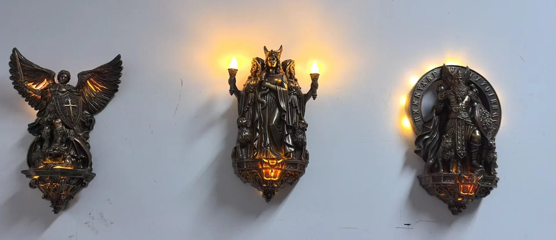 Hecate Wall Lamp Triple Goddess Three Headed Sculpture Archangel Michael Odin Statue Art Decor For Bedroom Living Room Witchcraft, Ritual