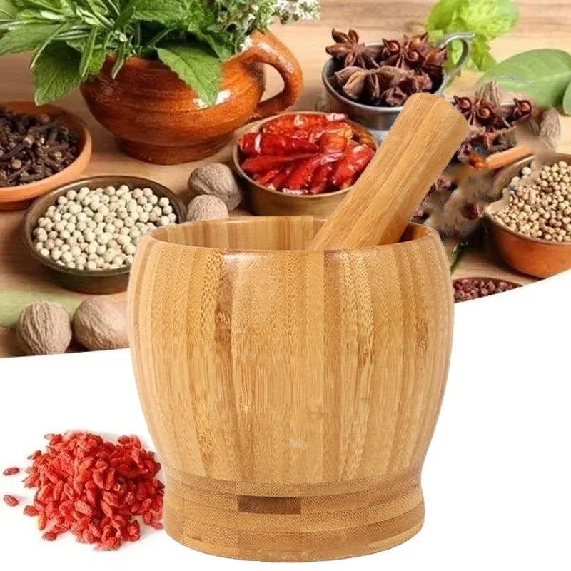 Traditional Bamboo Mortar and Pestle Set Garlic Grinder Herb Spice Masher Seasoning Crusher Kitchen Tool for Mash Spices Pepper Witchcraft Rituals