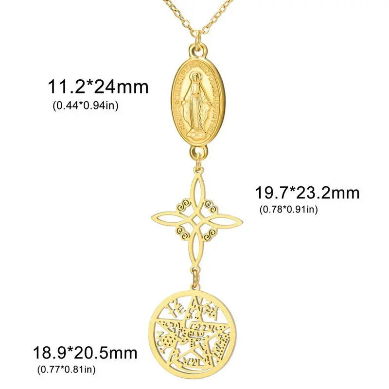 Triple Amulets Protection Necklaces for Women Witch Knot Pentagram Tetragrammaton St. Benedict Stainless Steel Jewerly Gift