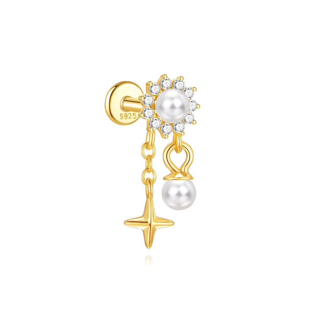 1PC 925 Sterling Silver Eight-pointed Star CZ Piercing Earring For Women Ins Tassel Chain Stud Earring Party Fine Jewelry