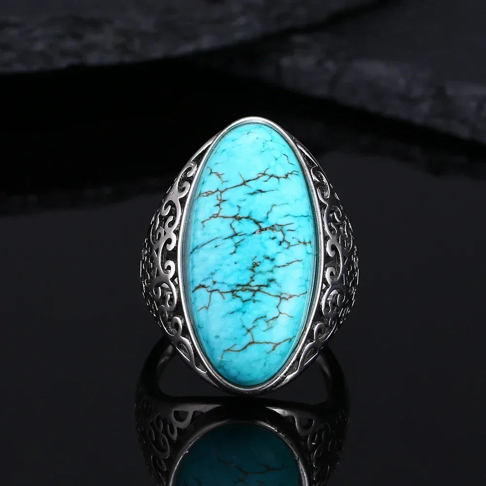 S925 Sterling Silver Vintage Ring With Natural Turquoise Stone Rings Oval and Round Shape Flower Carved Rings For Women Men