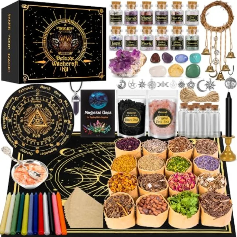 All in One Witchcraft Spell Kit 88 PCS - Include Herbs Crystals Candle Amethyst Pendulum Witch Bells Witch Rituals