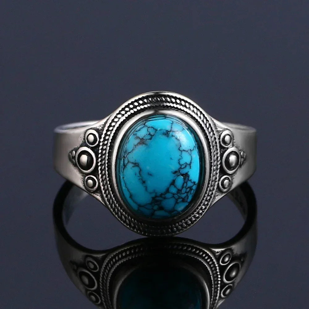 S925 Sterling Silver Vintage Ring With Natural Turquoise Stone Rings Oval and Round Shape Flower Carved Rings For Women Men