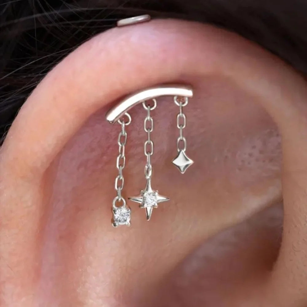 1PC 925 Sterling Silver Eight-pointed Star CZ Piercing Earring For Women Ins Tassel Chain Stud Earring Party Fine Jewelry