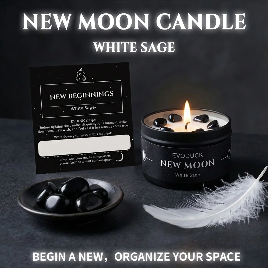 1pc New Moon Scented Candles Crystal Energy Candles 3oz Soy Wax Scented Candle Black Tin with Black Crystal Chips Witchcraft Rituals