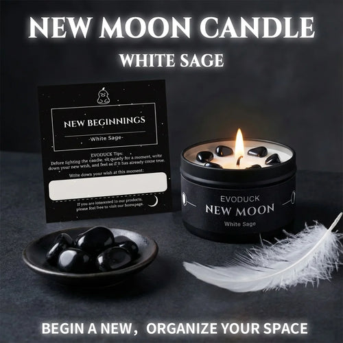 1pc New Moon Scented Candles Crystal Energy Candles 3oz Soy Wax Scented Candle Black Tin with Black Crystal Chips Witchcraft Rituals