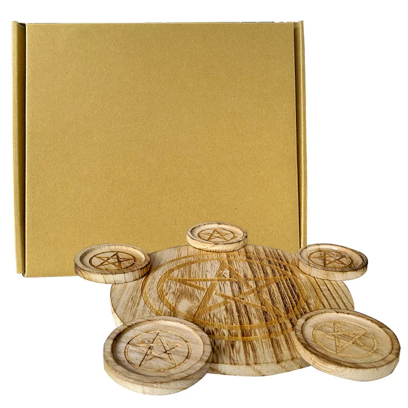 2-in-1 Pentagram Wooden Candle Holder Tray DIY Altar Decor Witchcraft Wicca Spell Ritual Tarot Supplies