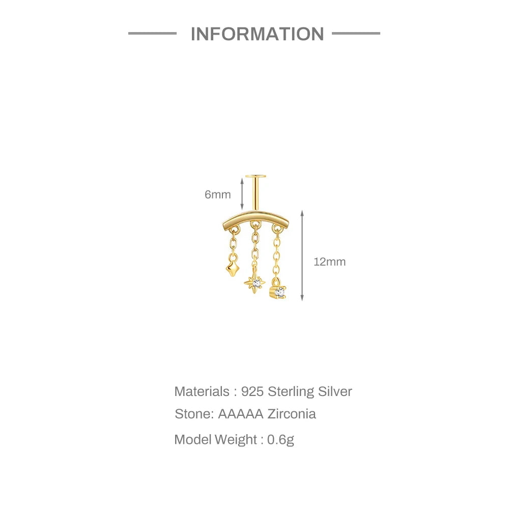 1PC 925 Sterling Silver Eight-pointed Star CZ Piercing Earring For Women Ins Tassel Chain Stud Earring Party Fine Jewelry