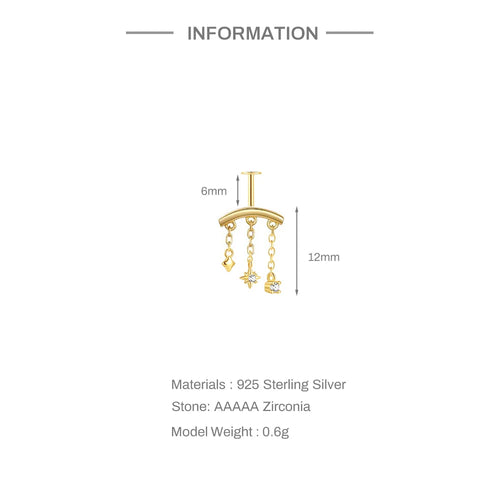1PC 925 Sterling Silver Eight-pointed Star CZ Piercing Earring For Women Ins Tassel Chain Stud Earring Party Fine Jewelry