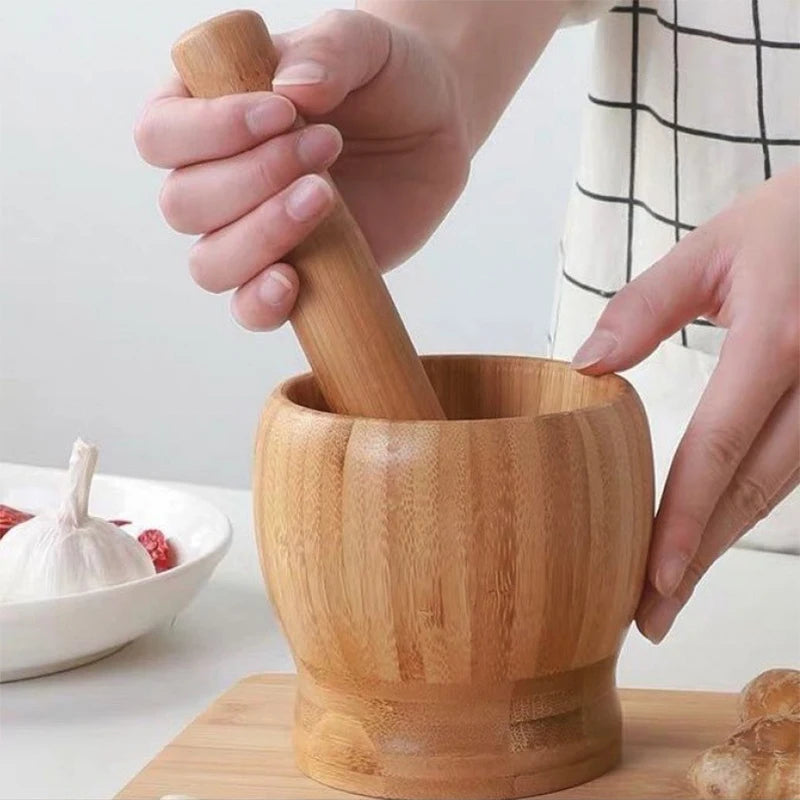 Traditional Bamboo Mortar and Pestle Set Garlic Grinder Herb Spice Masher Seasoning Crusher Kitchen Tool for Mash Spices Pepper Witchcraft Rituals