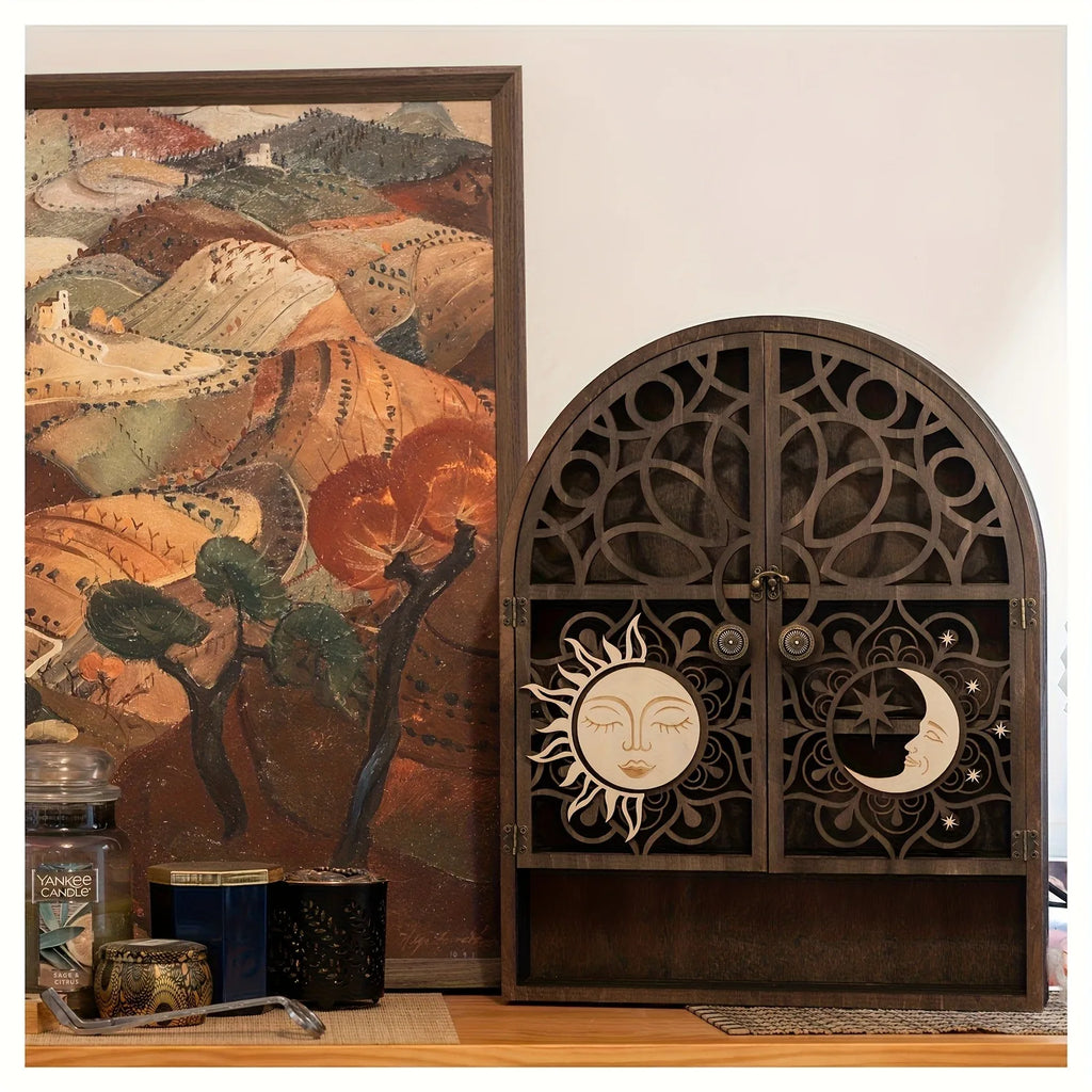 Vintage Wooden Floating Shelves With Sun And Moon Design, Wall Hanging Storage For Crystals